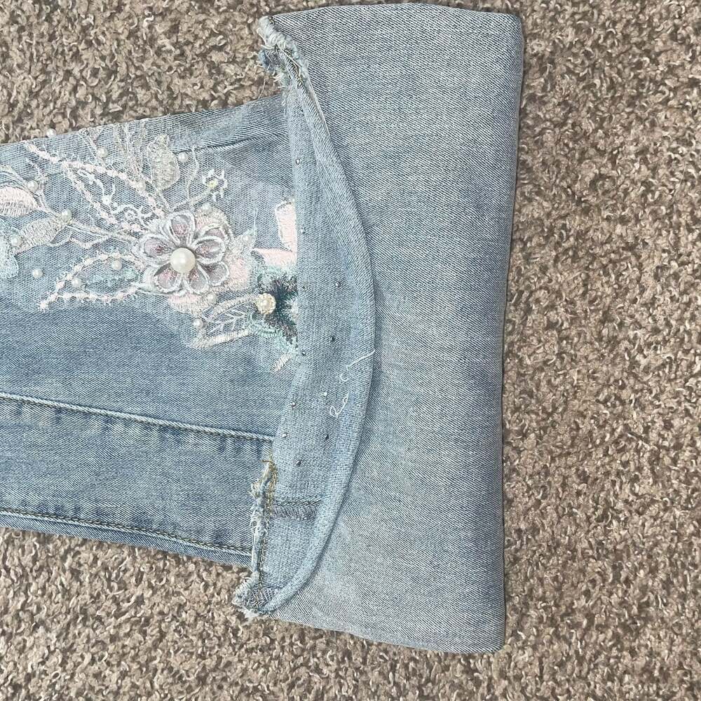 Venus Floral Boho Pearl Embellished Flare Jeans with Frayed Hem Size 4 - Picture 4 of 10
